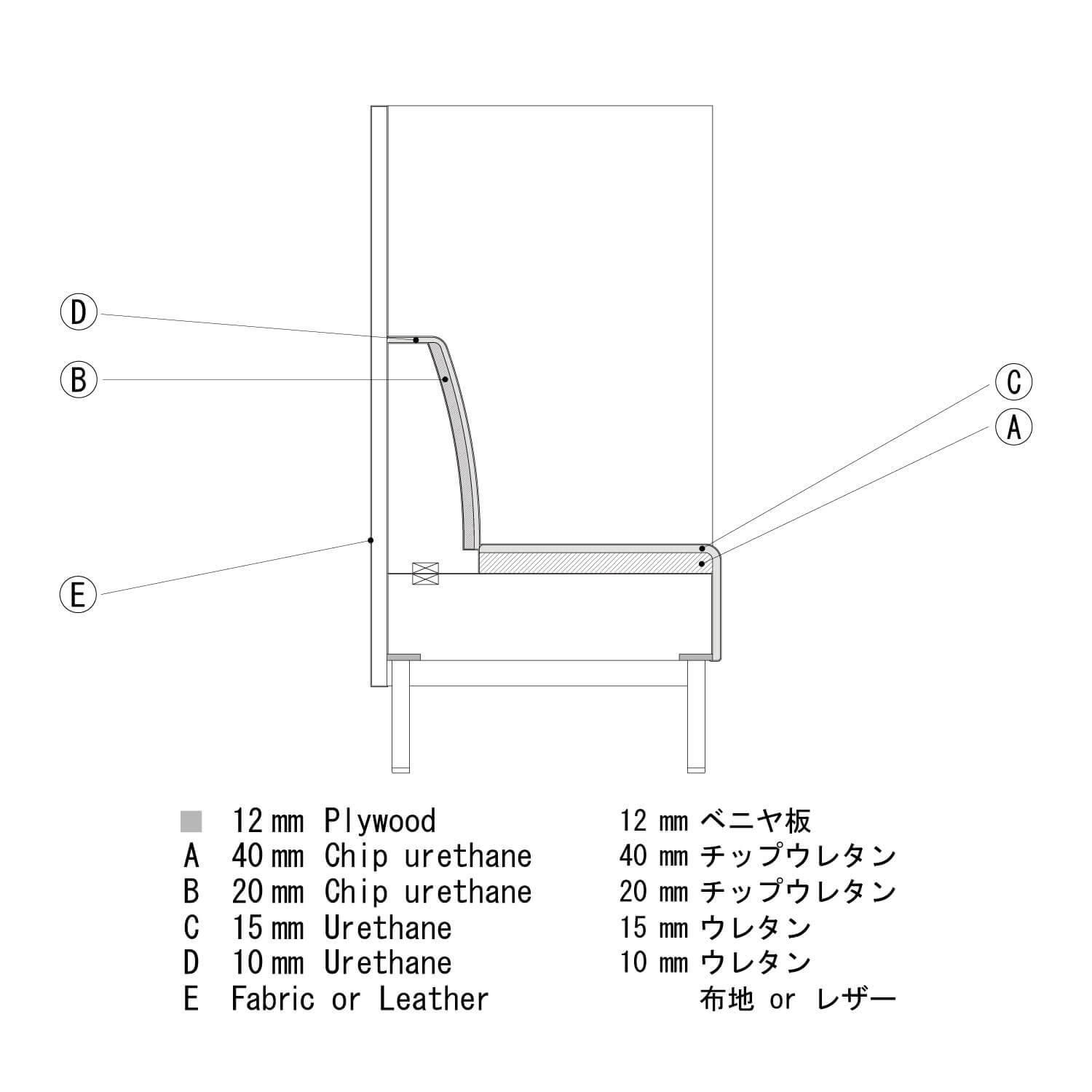 ブースソファ　パソラン1PO　断面図