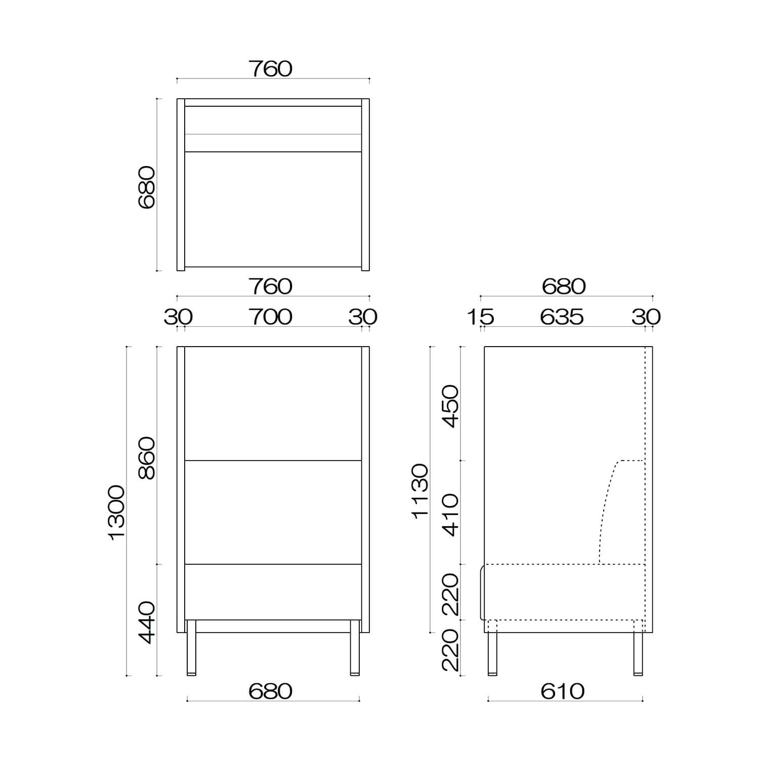 ブースソファ　パソラン1PB　完成品図面